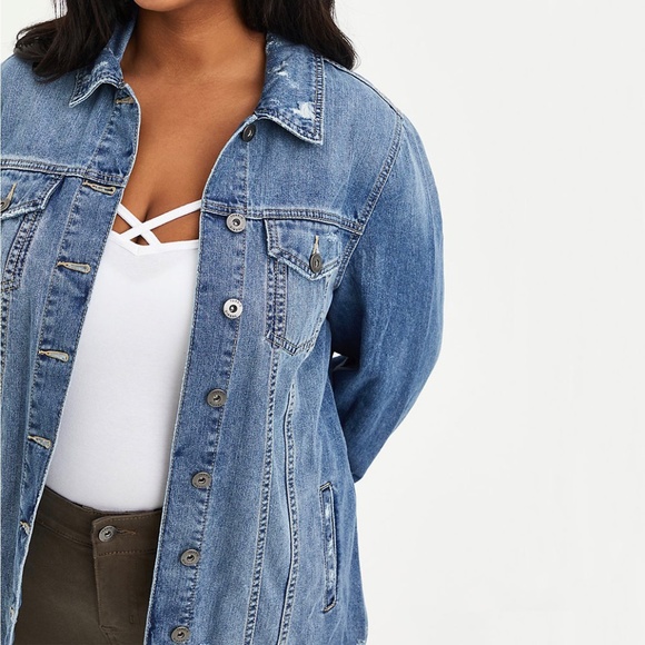 NWOT Torrid Medium Wash Longline Distressed Denim Jacket 1X - Picture 2 of 10